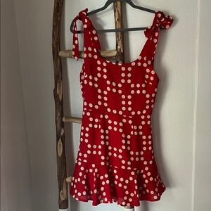 Red and White Polka Dot Tie Shoulder Playful Coquette Mini Dress Medium